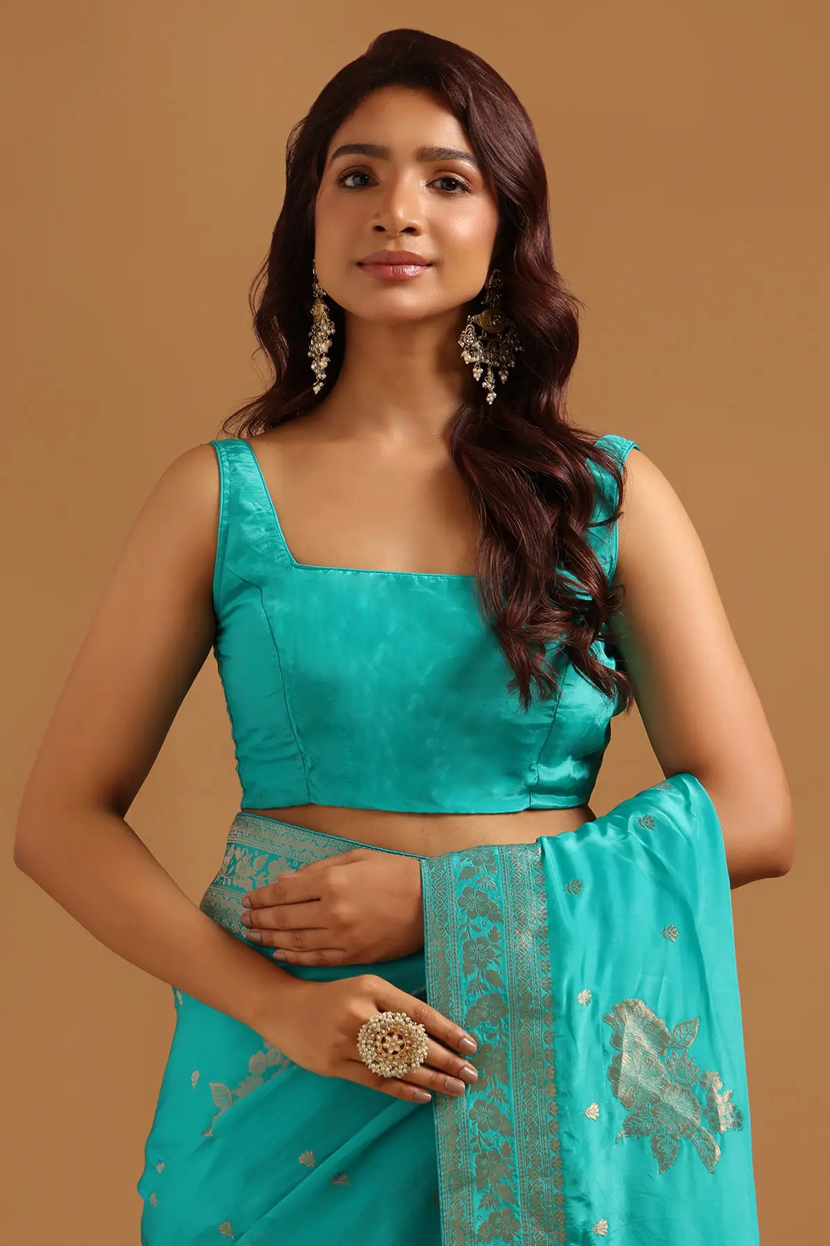 Turquoise Blue Crepe Floral Zari Woven Saree